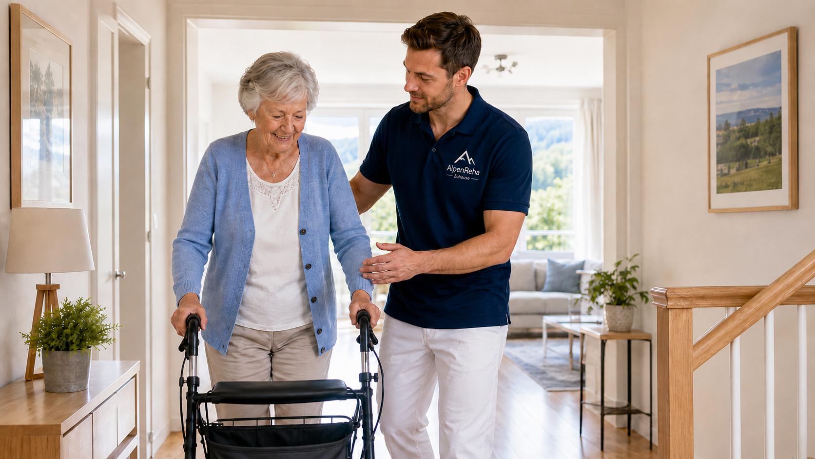 Mobiler Reha-Therapeut begleitet Gehtraining mit Rollator zuhause